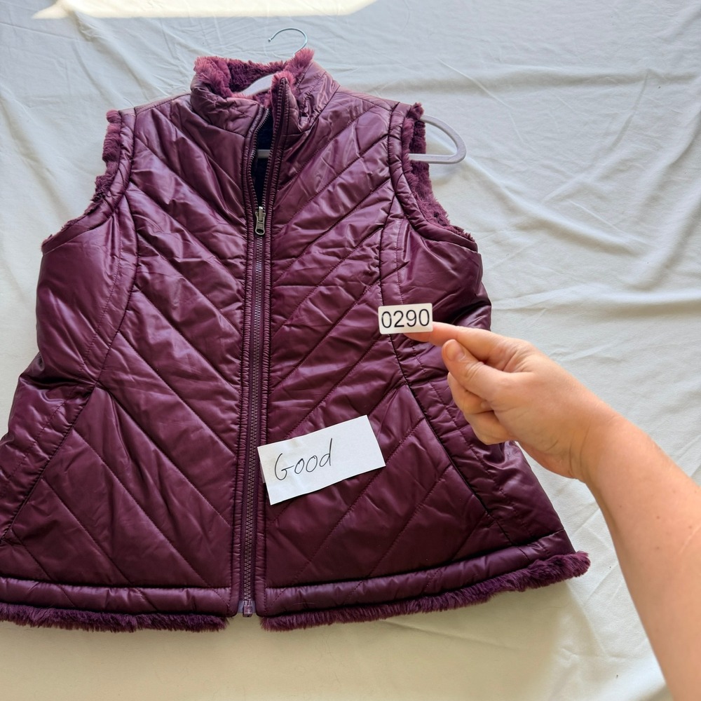 Burgundy Quilted Puffer Vest with Faux Fur Lining Wine Red Full Zip Sleeveless